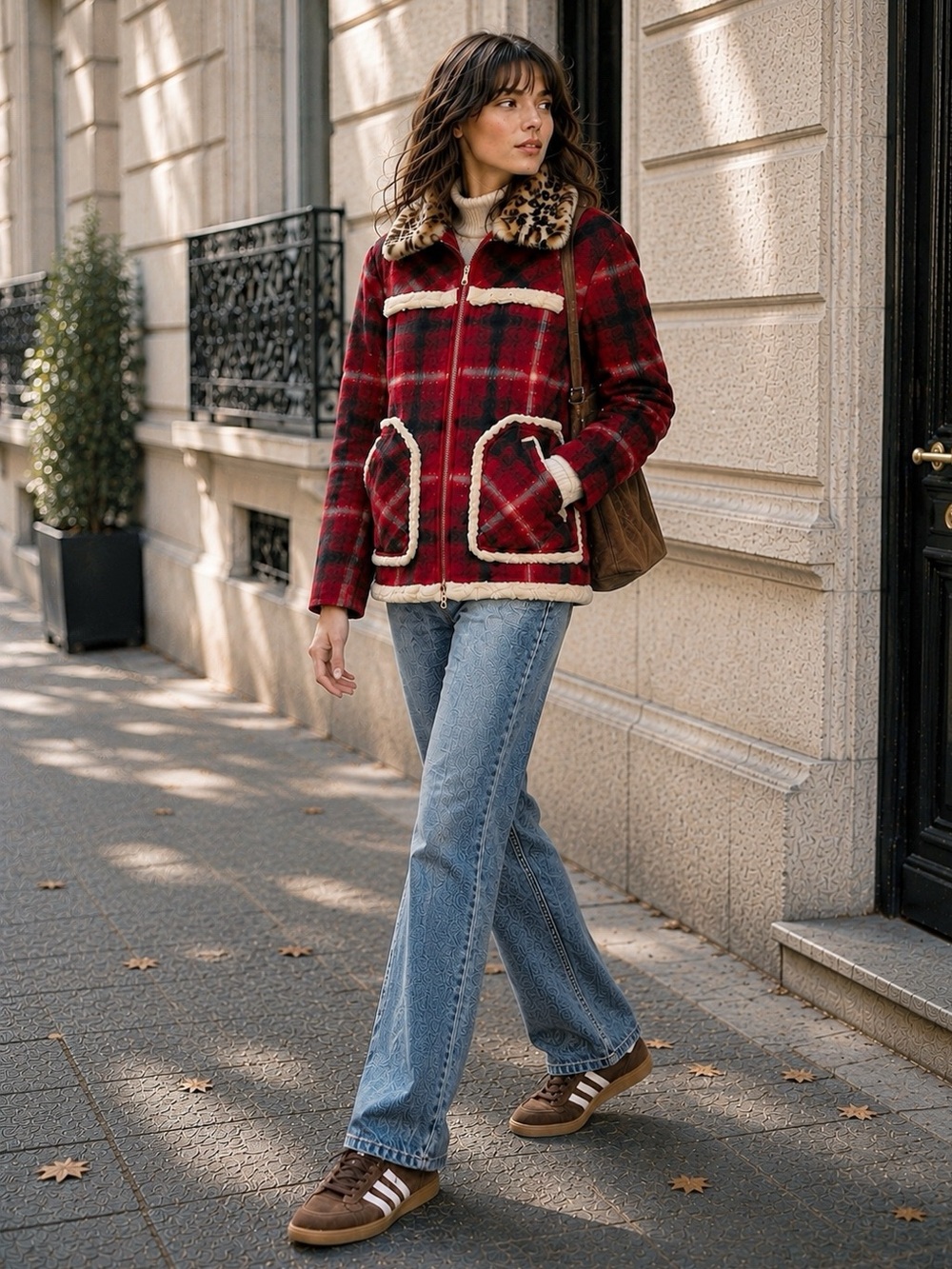 No.21 Red Plaid Faux Shearling Jacket with Leopard Faux Fur Collar Size M